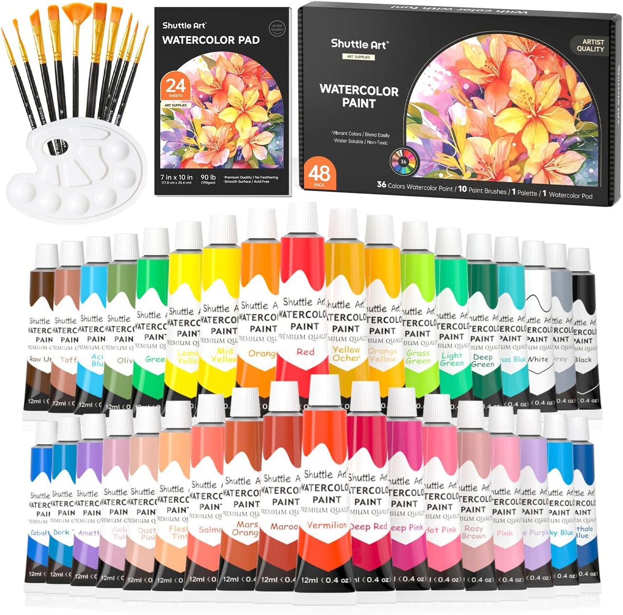 48 Pack Watercolor Paint Set, 36 Colors Watercolor Paint in Tubes (12ml Each) with 10 Brushes, 1 Watercolor Pad, 1 Palette, Premium Watercolor Kit for Artist, Beginners, Kids